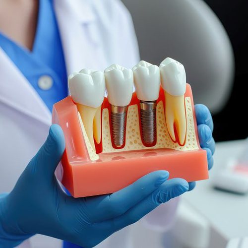 Dental team member holding model to explain concept of dental implants